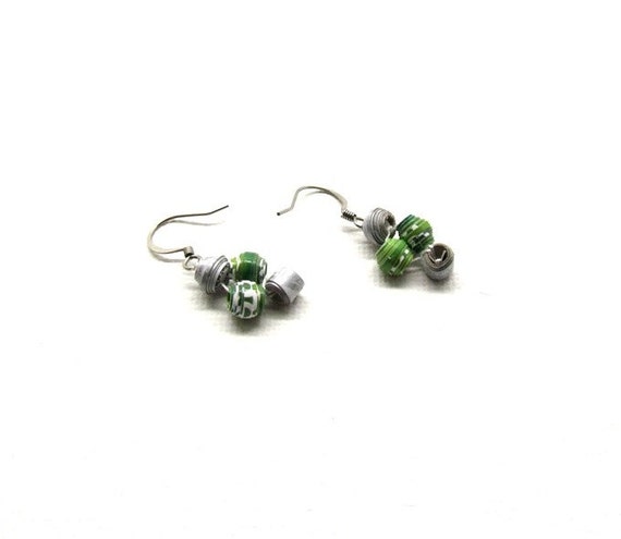 BLACK FRIDAY SALE 40% Off Light Weight Paper Bead Jewelry Green and Grey Earrings Eco Friendly Jewelry Paper 1st anniversary