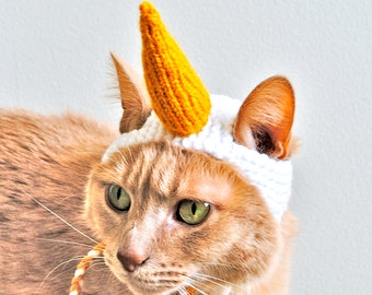 Unicorn Cat Costume - White and Gold - Hand Knit Cat Hat - Cat Halloween Costume