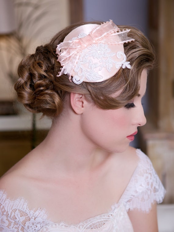 Blush bridal hat lace fascinator Mini Hat Bridal by GildedShadows