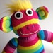 RAINBOW Jo SOCK MONKEY Handmade in Ireland Soft and Cuddly Rainbow stripes Yellow hair Blonde ooak Fun gift for girls women cheeky monkeys
