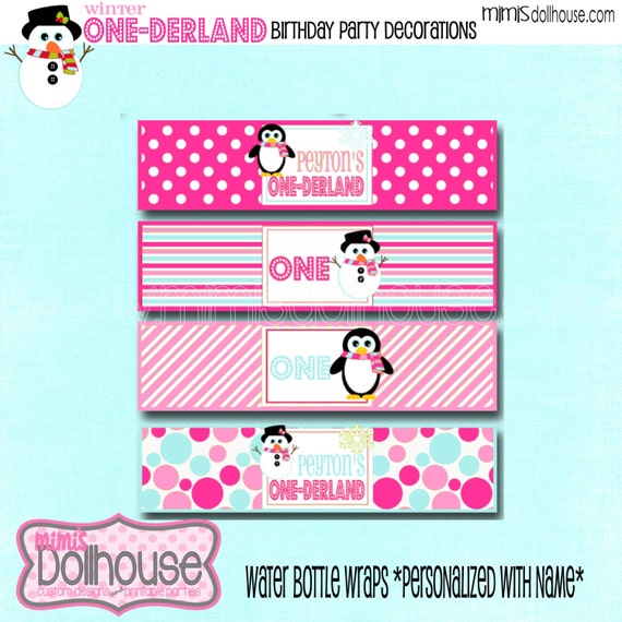 Personalized Winter One-derland Pink Water Bottle Wraps-Snowman Water Bottle Wraps Pink- Winter Wonderland Water Bottle Wraps Pink -PDF Il_570xn