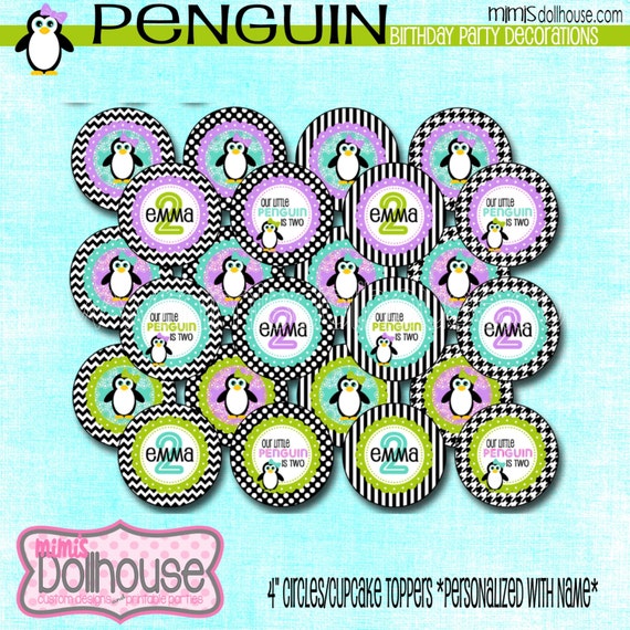 Personalized Penguin 4" Circles/Cupcake Toppers Lavender Lime- 4" Cupcake Toppers Penguin Lavender Lime-PDF Il_570xn
