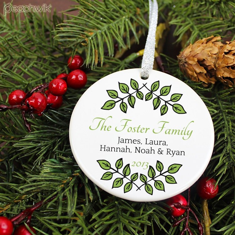 Personalized Family Name Christmas Ornament - Olive Branches Holly Leaves - Porcelain Holiday Ornament - orn91 - Peachwik - Custom Colors