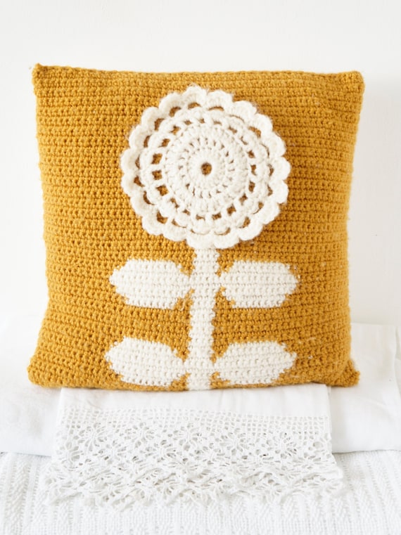 Crochet Cushion Pattern Pilow Flower PDF 14"x14" Pillow Mustard Scandinavian Nordic Retro