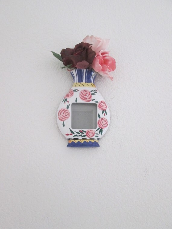 small ceramic picture frame vase with rose silk flowers just