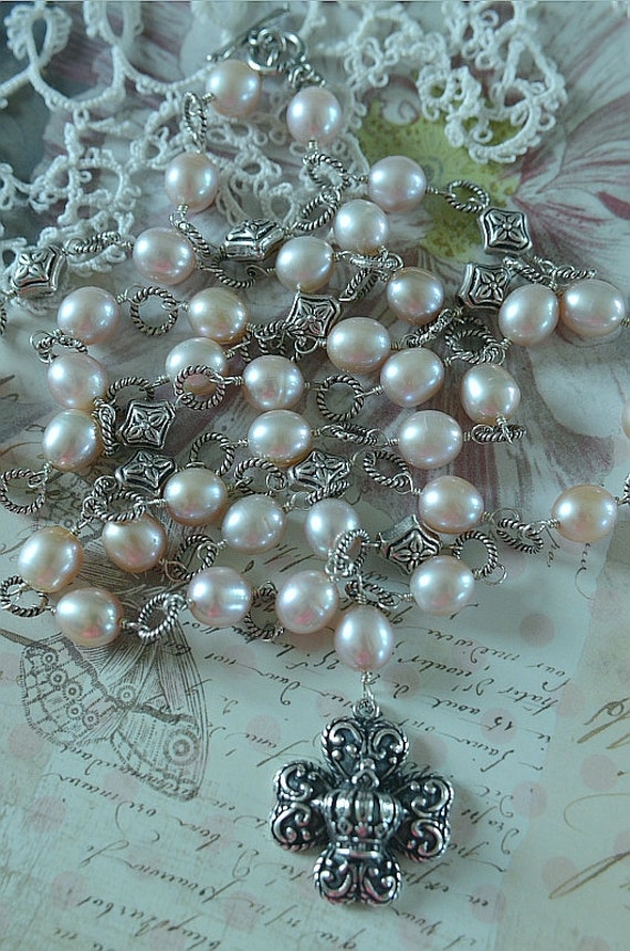 Sexy Pink Pearl Ultra Long Necklace With Silver Crown Heart