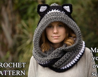 with crochet pattern ears hooded scarf Cat Scoodie, CROCHET PATTERN Cat Ears, Scarf Hooded Animal Scarf, with