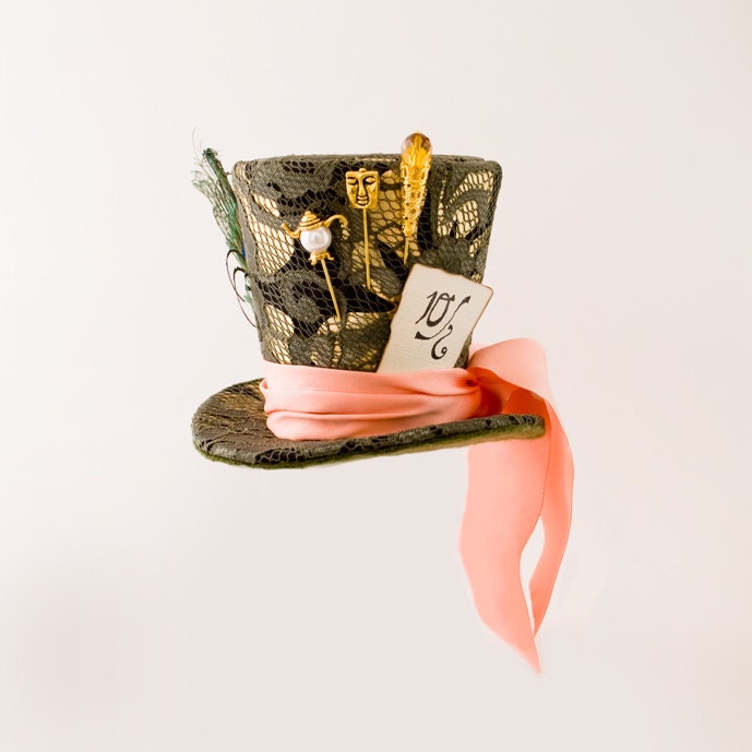 Green and Gold Mini Top Hat,mad hatter hat, tea party hat, alice in wonderland,burlesque hat,fascinator, showgirl,steampunk hat, small hat steampunk buy now online
