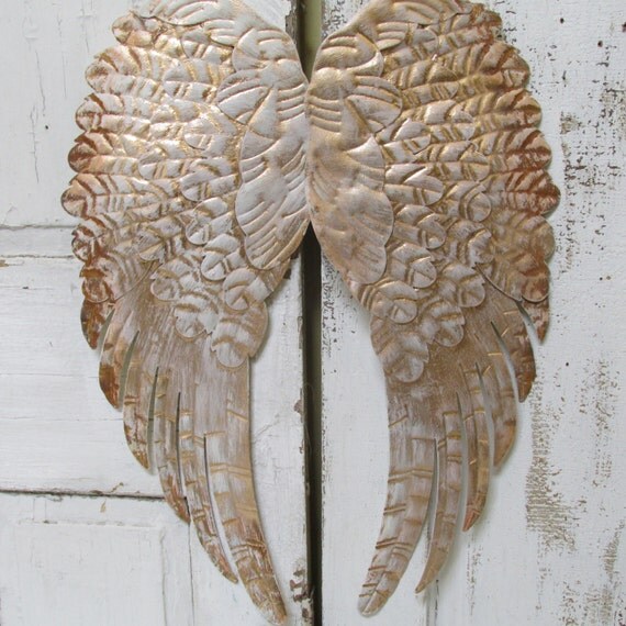Large angel wings wall decor rusty gold distressed shabby chic pinkish white hand painted by anita