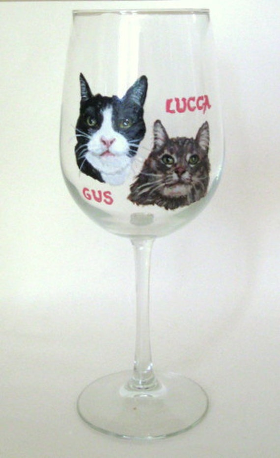 Custom Pet Portrait Paintings Cat Wine Glass Hand Painted