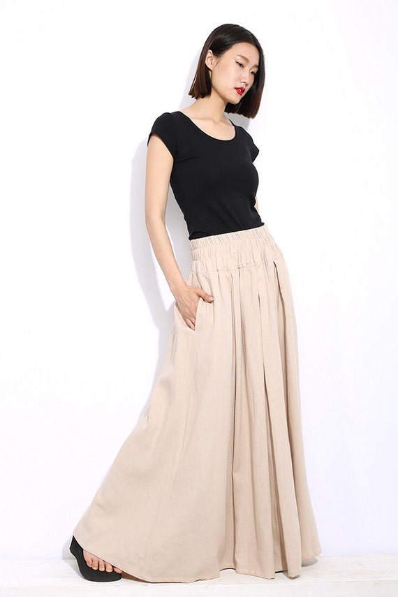 Cream Maxi Skirt Linen Long Pleated Simple Casual