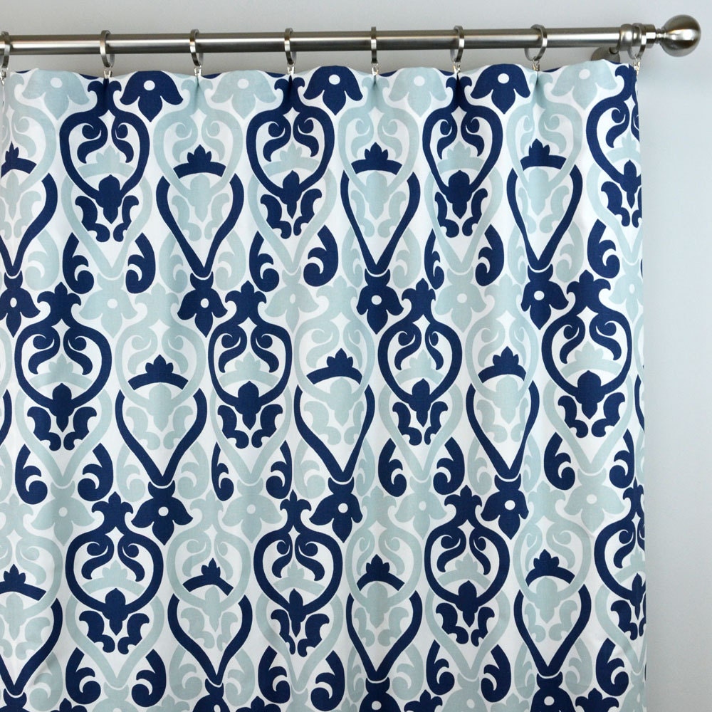 Navy Light Blue White Floral Damask Alex Curtains Rod Pocket