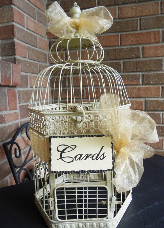 XL Antique Cream Bird Cage Wedding Card Holder, Gold Organza, Hexagon