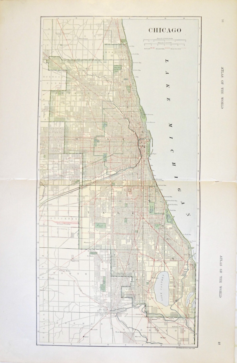 Chicago City Map 1909 Atlas double page detail of downtown