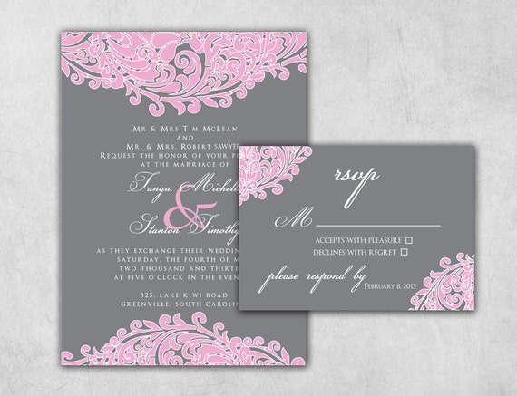 Items similar to Pink and Grey Custom Wedding Invitation ...