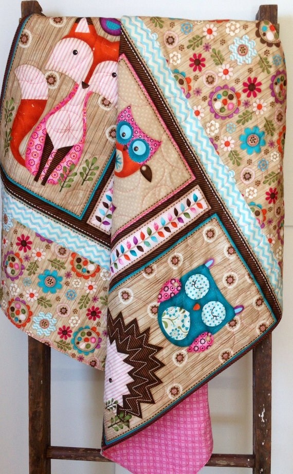 Baby Quilt Girl Woodland Critters Fox Owl Animals by CoolSpool