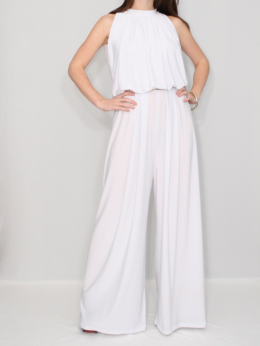 Womens White Jumpsuit Wide Leg Jumpsuit Palazzo By Ksclothing 4315