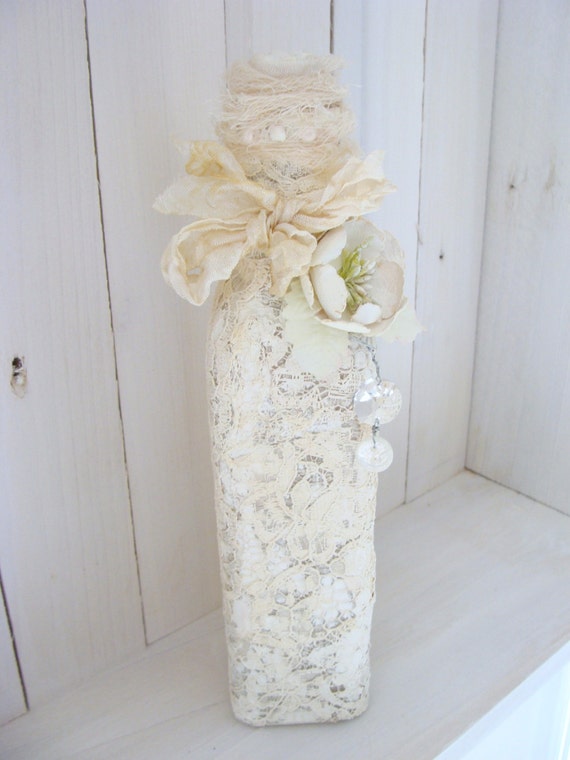 Altered Bottle Shabby Chic Lace French Country Cottage Style Winter White Mixed Media