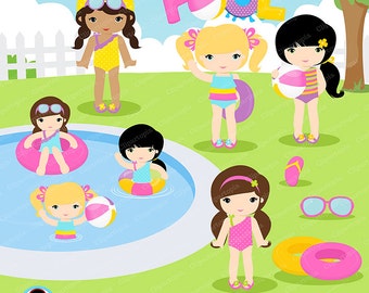 GIRLS POOL PARTY Clipart, Pool party clipart , Swim Girls Digital Clipart Set, Summer girls clip art, for personal and commercial use