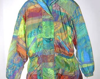 Vintage 90s Abstract Geometric Parka Coat Winter Skii Holographic ...
