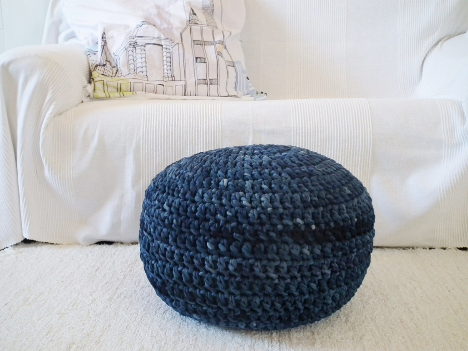 Navy Blue Crochet Pouf Ottoman Navy Blue Crochet by LoopingHome