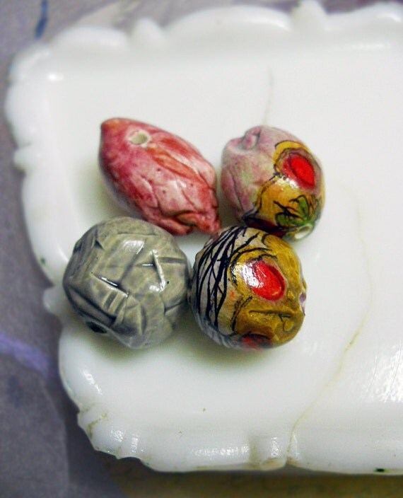 Polymer Clay Beads - 4 Rustic Illustrated & Glazed Beads - Textured Pod Charm, Geometric Nugget, Abstract Botanical - Grey, Coral Rose, Gold