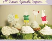 Easter Cupcake Toppers with 6 designs. Two bunnies, chicken, hatched egg, & easter greeting. INSTANT DOWNLOAD printable designs. Whimsical. Il_170x135