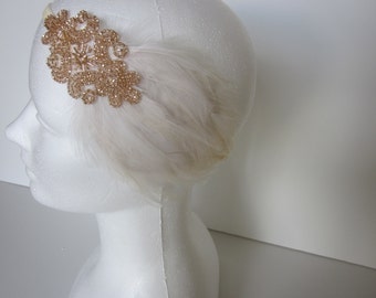 Flapper Dress fascinator Headpiece Great Gatsby Dress champagne beige 1920s feather beaded Headband 1920 Headband Cream Ivory Fascinator