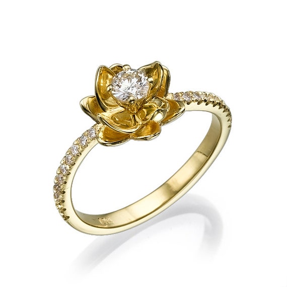 Flower Yellow Gold Engagement Ring 14k Ring Floral Ring