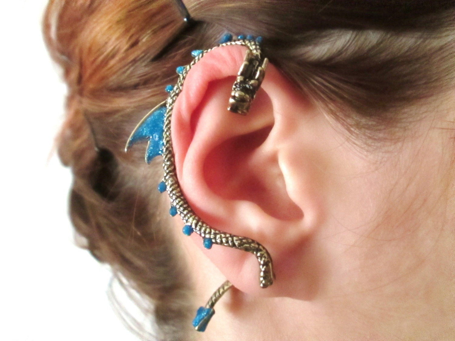 Dragon ear cuff with blue glitter wings