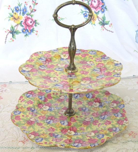 Vintage Royal Winton Sweet Pea Chintz 2-Tier Cake Stand