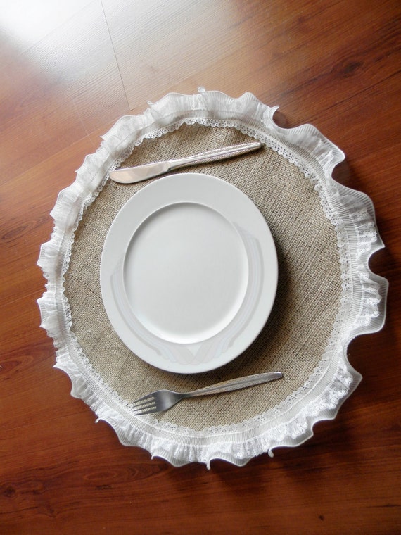 Set of 6 Elegant Round ivory lace burlap placemats by MadeInBurlap