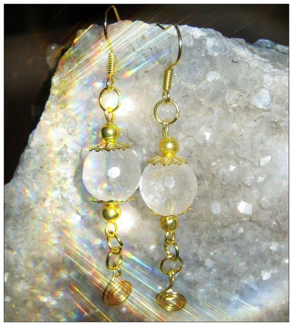 Handmade Gold Earrings with Facetted Rock Crystal by IreneDesign2011