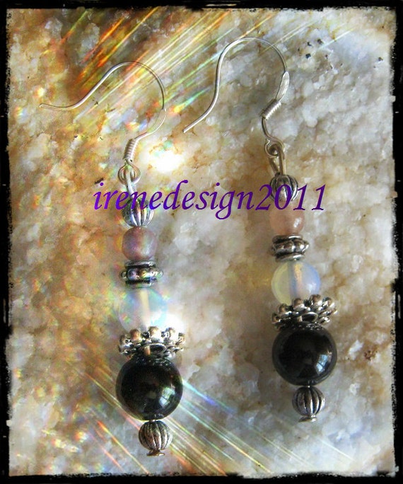 Handmade Silver Earrings with Watermelon Tourmaline, White Opal & Black Onyx by IreneDesign2011