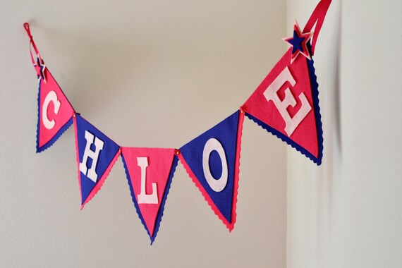 Uppercase Custom Star Felt Bunting Name Banner / Navy & Pink / Nursery Baby Name Banner / Teen Room Decor / Other Color Options Available Il_570xn