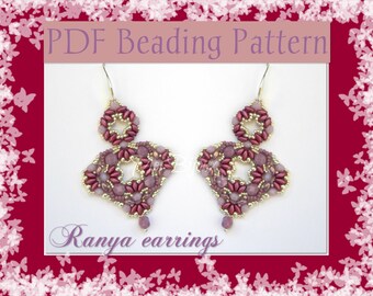 DIY Beading pattern Ranya earrings with Superduo beads / PDF tutorial with detailed instructions, images and diagrams