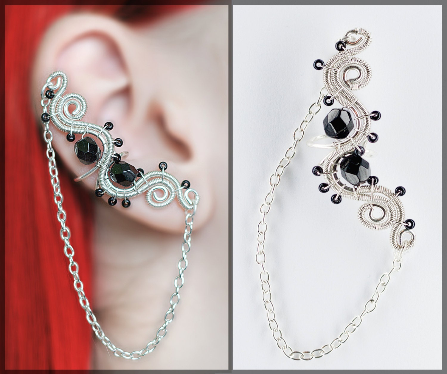 Black gothic EAR CUFF with czech glass by CharmingWondersCW