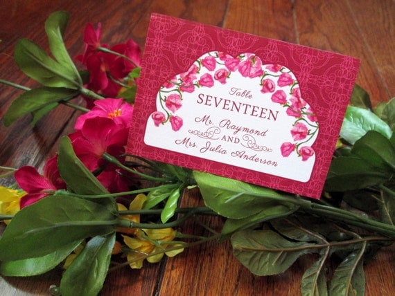 Sweet Pea Floral Wedding Place Card – Pink, Yellow – Customized - Available in Sets/ Quantities of 25+