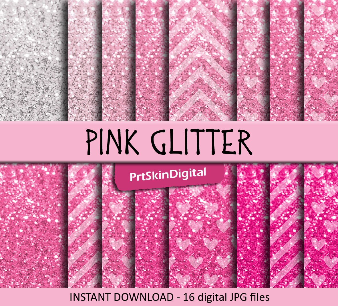 Download Pink Glitter Digital Paper Pack with Chevron Stripes and