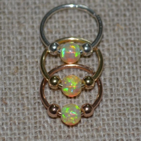 Gold Nose Ring Hoop - Nose Stud - 3mm Opal Tragus Earring Hoop - Cartilage Hoop Earring - Daith Earring - 20g Rook - Conch Piercing