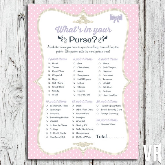 Baby Shower Games | What's in Your Purse? Activity Card | INSTANT DOWNLOAD - Print at home | Pink, Girl | 5x7 finished size