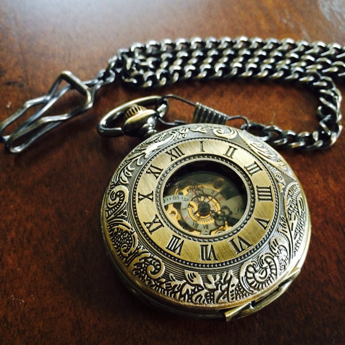Mens Gold Bronze Mechanical Pocket Watch with Vest Chain Personalized Gift for Him ships from Canada