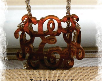 Monogram Acrylic Necklace - Vine Monogram 3 Initial Name Laser cut Acrylic monogram Jewelry - Tortoise Shell Necklace