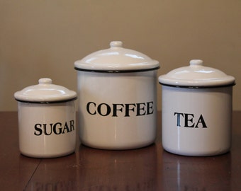 White Tin metal three piece Vintage Canister set