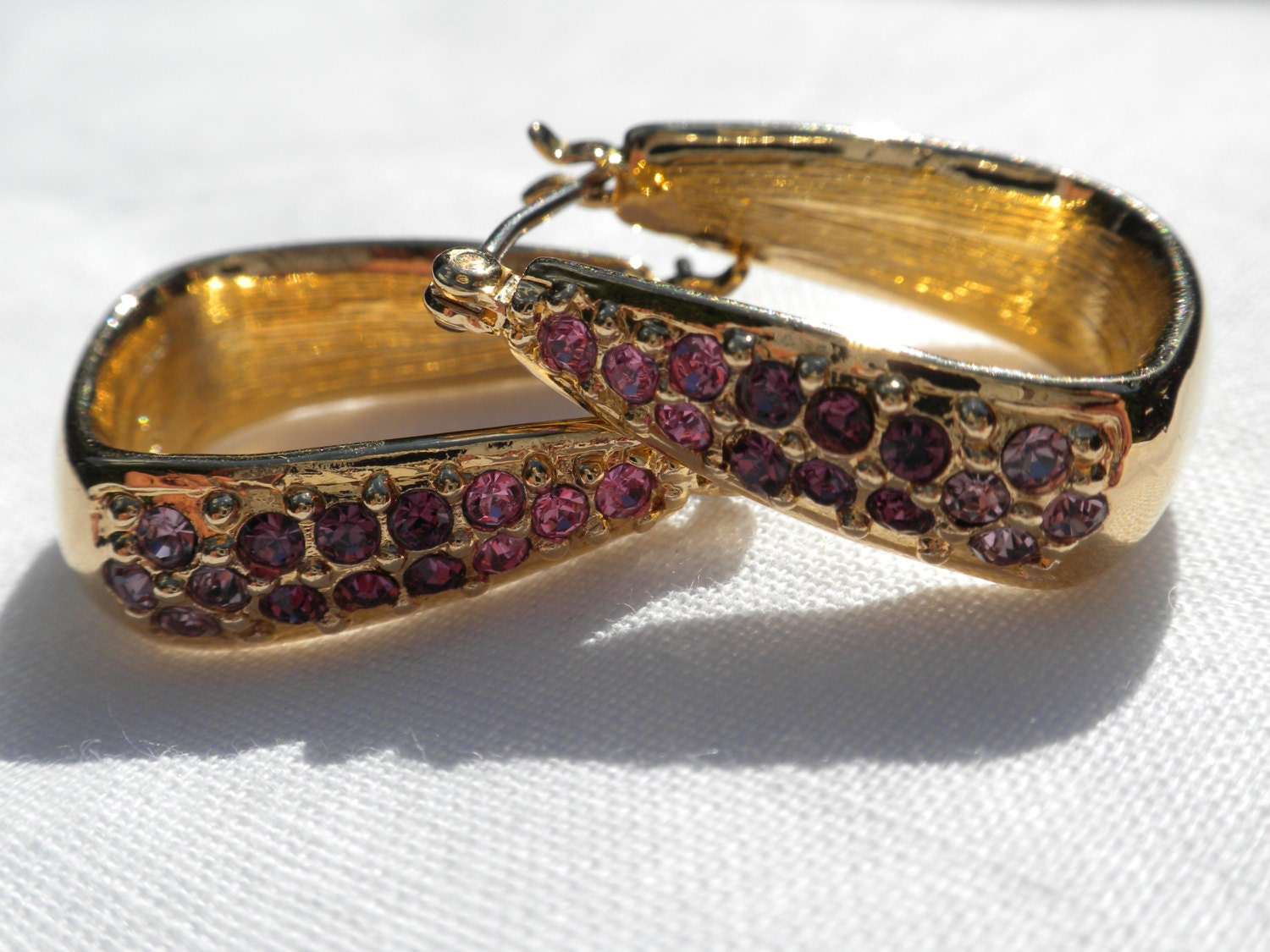 Purple Rhinestone Earring Hinged Snap Back Hoop Earring Tri