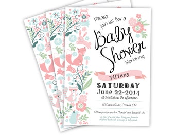 Baby Girl Shower Invitation, Printable, Customized - woodland theme, pink or purple woodland animals