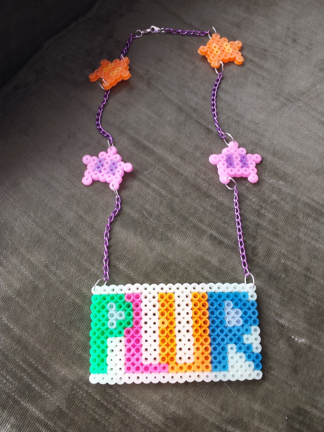 Perler bead Glow in the dark PLUR necklace by SquintyDoodles