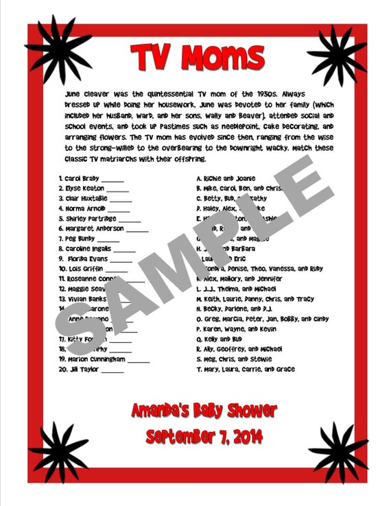 TV Moms Printable Matching Game Baby by PrintasticPartyGames