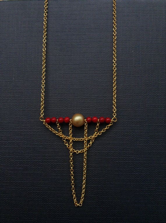 Items similar to ART DECO Chandelier necklace Red and Gold // Modern