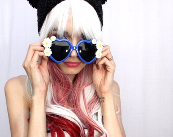 Daisy Chain Cobalt Blue Heart Shaped Sunglasses - Flower Girl Kawaii Love Glasses - Fun Festival & Rave Wear, Summer Fashion For Her